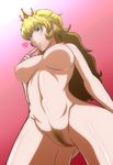  blonde_hair blue_eyes blush breasts crown finger_to_mouth from_below heart highres igatto large_breasts lipstick long_hair makeup mario_(series) navel nipples nude princess_peach pubic_hair solo super_mario_bros. 