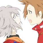  blue_eyes brown_eyes gloves grey_hair lloyd_irving open_mouth raine_sage refill_sage simple_background tales_of_(series) tales_of_symphonia 
