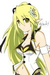  1girl bare_shoulders breasts elf elsword flower green_eyes green_hair long_hair navel pointy_ears rena_(elsword) ribbon smile 