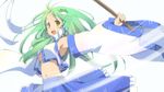  armpits breasts detached_sleeves gohei green_hair hair_ornament hair_tubes kochiya_sanae long_hair medium_breasts midriff navel no_bra open_mouth outstretched_arms smile snake solo spread_arms touhou underboob wara_(warapro) wide_sleeves yellow_eyes 