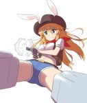  1girl animal_ears belt blue_eyes breasts brown_hat brown_vest bunny_ears charlotte_e_yeager cleavage denim denim_shorts drawfag firing gun handgun hat long_hair m1911 medium_breasts navel orange_hair pistol red_bandana short_shorts shorts smile solo strike_witches vest weapon white_background world_witches_series 