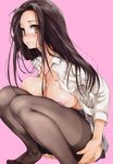  bangs black_hair black_legwear blush breast_press breasts brown_eyes cleavage comic_hotmilk feet ishikei large_breasts lips looking_at_viewer open_clothes open_shirt original parted_bangs pleated_skirt shirt skirt solo squatting sweat thighhighs 