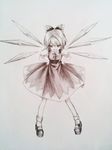  bow cirno dress graphite_(medium) hair_bow hands_on_hips ice ice_wings kuraimu_(nico) mary_janes monochrome pinafore_dress shoes short_hair socks solo touhou traditional_media wings 