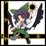  :d bad_id bad_pixiv_id black_wings boots bow chibi danmaku energy_ball feathered_wings flying hair_bow kou512a long_hair mismatched_footwear open_mouth purple_hair radiation_symbol red_eyes reiuji_utsuho smile solo touhou wings 