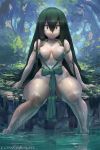  10s 1girl asui_tsuyu boku_no_hero_academia breasts cleavage convenient_censoring cutesexyrobutts forest green_hair highres long_hair looking_at_viewer medium_breasts nature pond sitting smile solo thick_thighs thighs wide_hips 
