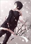  bad_id bad_pixiv_id black_hair blood bloody_clothes bloody_knife border brown_eyes durarara!! hands_in_pockets hood hoodie knife looking_back male_focus moco neck_ribbon orihara_izaya ribbon snowing solo tree weapon 