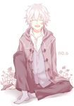  closed_eyes copyright_name flower male_focus moco no.6 open_mouth shion_(no.6) sitting solo white_hair 