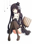  827117117 black_hair blush convenient_leg dog dress gothic_lolita hat hug inu_x_boku_ss lolita_fashion long_hair purple_eyes shirakiin_ririchiyo sitting solo thighhighs 