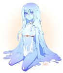  blue_hair blue_skin breasts goo_girl konshin long_hair looking_at_viewer medium_breasts monster_girl original purple_eyes smile solo very_long_hair 