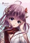  blush dreamyyn flower hair_flower hair_ornament hair_tucking horns inu_x_boku_ss japanese_clothes long_hair miko open_mouth purple_eyes purple_hair scarf shirakiin_ririchiyo solo upper_body wind 