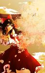  alternate_eye_color arms_up black_hair bow brown_background cherry_blossoms cloud detached_sleeves frills hair_bow hair_tubes hakurei_reimu kinzan long_hair looking_away open_hands red_eyes skirt sky smile solo torii touhou vest 