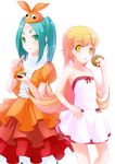  blonde_hair doughnut eyebrows food green_eyes green_hair hat highres ice_cream long_hair monogatari_(series) multiple_girls nisemonogatari ononoki_yotsugi oshino_shinobu short_eyebrows short_hair twintails yagisuke yellow_eyes 