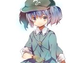  blue_eyes blue_hair gloves kawashiro_nitori key looking_at_viewer miya_(tsumazukanai) short_hair simple_background solo touhou two_side_up upper_body 