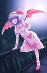  bat_wings bow dress dress_lift fangs full_body full_moon hat highres irudana moon open_mouth purple_hair red_eyes remilia_scarlet short_hair solo standing standing_on_one_leg tongue tongue_out touhou wings wrist_cuffs 