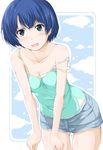  ano_natsu_de_matteru blue_eyes blue_hair blush bob_cut breasts camisole cleavage cloud eviryun highres leaning_forward open_mouth short_hair shorts small_breasts solo strap_slip tanigawa_kanna 