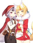  2girls animal_ears belt black_hair blonde_hair brown_gloves brown_hair cloak fang fingerless_gloves fire_emblem fire_emblem_if fox_ears fox_tail fur_trim gloves grey_hair hair_ornament hand_holding highres hood hood_up hooded_cloak japanese_clothes kinu_(fire_emblem_if) long_sleeves multicolored_hair multiple_girls nintendo open_mouth parted_lips pouch red_eyes shira_yu_ki short_hair simple_background streaked_hair tail velour_(fire_emblem_if) white_background white_gloves wolf_ears wolf_tail yellow_eyes 