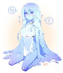  ? blue_hair blue_skin blush breast_expansion breasts flying_sweatdrops goo_girl konshin large_breasts long_hair monster_girl original purple_eyes sitting solo spoken_question_mark very_long_hair 