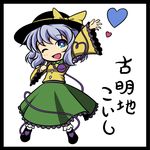  :d blue_eyes blue_hair border bow character_name chibi dress hat hat_bow hat_ribbon heart komeiji_koishi kou512a one_eye_closed open_mouth outstretched_arm ribbon smile solo third_eye touhou translated 