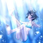  :d absurdres barefoot black_hair bubble feet freediving highres idolmaster idolmaster_(classic) kikuchi_makoto light_rays midriff open_mouth outstretched_arms purple_eyes roro9jyun6 short_hair short_shorts shorts smile soles solo spread_arms sunbeam sunlight swimming underwater 