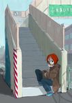 blue_eyes day eating food hamburger mouth_hold one outdoors red_hair shiina_mayu_(one) sitting stairs uranaishi 