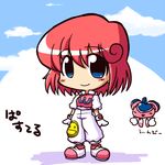  blue_eyes blush_stickers chibi cloud gloves ikkyuu pants pastel_(twinbee) pink_hair shoes smile solo standing twinbee winbee 