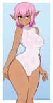 afrobull breasts bulge cleavage clothed clothing dark_skin dickgirl elf hair humanoid intersex looking_at_viewer mammal not_furry one-piece_swimsuit pink_hair pointy_ears solo swimsuit yellow_eyes 