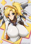  1girl blonde_hair blue_eyes blush bodysuit breasts erect_nipples huge_breasts impossible_bodysuit impossible_clothes looking_at_viewer mechanical_halo mechanical_wings mercy_(overwatch) overwatch rud-k tagme upper_body wings 
