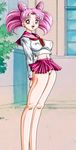  bikabika bishoujo_senshi_sailor_moon bottomless breasts chibi_usa highres pink_hair pussy red_eyes skirt skirt_lift twintails 