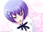  blue_hair hair_ornament kawagishi_keitarou maji_de_watashi_ni_koi_shinasai! open_mouth purple_eyes school_uniform shiina_miyako short_hair smile solo 