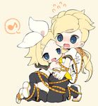  1girl asemu_asuno blonde_hair blue_eyes blush bow brother_and_sister chibi cosplay gundam gundam_age hair_bow hair_ornament hairclip hug kagamine_len kagamine_len_(cosplay) kagamine_rin kagamine_rin_(cosplay) kneeling komatsuna long_hair look-alike musical_note necktie open_mouth ponytail shoes shorts siblings simple_background tattoo unoa_asuno vocaloid yellow_neckwear 