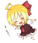  ahoge blonde_hair blush chibi closed_eyes dress hair_ribbon necktie open_mouth outstretched_arms red_neckwear ribbon rumia short_hair simple_background smile solo tosura-ayato touhou white_background 