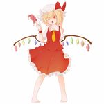  ascot bacho barefoot blonde_hair bow fangs flandre_scarlet full_body hair_over_one_eye hat hat_bow ofuda open_mouth red_eyes short_hair side_ponytail simple_background skirt skirt_set slit_pupils solo touhou wings wrist_cuffs 