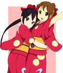  alternate_hairstyle black_hair brown_eyes brown_hair from_side hirasawa_yui japanese_clothes k-on! kaiman kimono long_hair multiple_girls nakano_azusa obi official_style ponytail sash short_hair tasuki yuiazu_(unit) yukata 