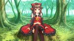  alternate_color ascot bare_shoulders black_legwear black_sleeves blush bow brown_hair collaboration detached_sleeves forest hair_bow hair_tubes hakurei_reimu highres long_hair momoko_(momopoco) nature open_mouth red_eyes scenery shirakawa_mayo sitting skirt solo thighhighs touhou 