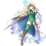  :&lt; armor belt blonde_hair blue_eyes boots bracer cape celes_chere final_fantasy final_fantasy_vi full_body gauntlets greaves green_leotard hairband knee_boots lauqe leotard long_hair navel pauldrons simple_background solo sword very_long_hair weapon 