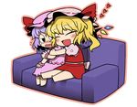  :d ^_^ blonde_hair blue_hair blush closed_eyes couch expressionless fang flandre_scarlet flying_sweatdrops hat heart hug jitome multiple_girls open_mouth remilia_scarlet short_hair siblings side_ponytail sisters sitting smile touhou ume_(noraneko) 