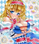  alice_margatroid at_classics blonde_hair blue_eyes blush breasts capelet cleavage flower hairband huge_breasts jewelry marker_(medium) off_shoulder ribbon ring sample short_hair smile solo touhou traditional_media 