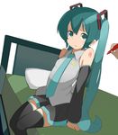  aqua_eyes aqua_hair bad_id bad_pixiv_id bare_shoulders bed detached_sleeves hatsune_miku long_hair marker necktie on_bed pillow pleated_skirt scared sitting skirt solo stylus tamakorogashi tattoo thighhighs twintails very_long_hair vocaloid white_background zettai_ryouiki 