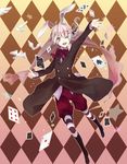  1boy :d androgynous animal_ears argyle argyle_background bad_id bad_pixiv_id bird boots bow bowtie bunny_ears card hair_ribbon magician male_focus one_eye_closed open_mouth original outstretched_arm playing_card red_eyes ribbon silver_hair smile solo star striped striped_legwear 