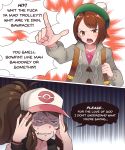  1girl 2girls anger_vein angry baseball_cap black_vest brown_eyes brown_hair clenched_teeth comic creatures_(company) crying crying_with_eyes_open english_text female_protagonist_(pokemon_swsh) frustrated furrowed_eyebrows game_freak green_hat hands_on_own_head hat high_ponytail long_hair multiple_girls nintendo numbers_(boars) open_mouth pointing pokemon pokemon_(game) pokemon_bw pokemon_swsh shaded_face shirt short_hair sidelocks sleeveless sleeveless_shirt streaming_tears tam_o&#039;_shanter tears teeth touko_(pokemon) vest wristband 