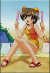  bag beach beach_towel brown_eyes brown_hair bun_cover cooler double_bun double_buns hamster_no_kurumi highres popsicle swimsuit tenshi_no_shippo towel 