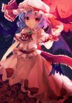  ascot ayarin103 bat bat_wings blue_hair brooch full_moon hat jewelry moon red_eyes red_moon remilia_scarlet short_hair smile solo touhou wings wrist_cuffs 