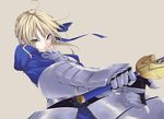  absurdres ahoge armor armored_dress artoria_pendragon_(all) blonde_hair dress excalibur fate/stay_night fate_(series) faulds gauntlets green_eyes hair_ribbon highres karasu_raku ribbon saber simple_background solo sword weapon 