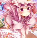  :t bad_id bad_pixiv_id blush book bow capelet crescent dress hair_bow hat leaf long_hair patchouli_knowledge pink_eyes purple_hair ribbon sanotsuki solo sweatdrop touhou v_arms wide-eyed 