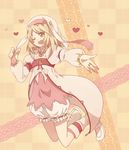  ;d alice_(tales) blonde_hair bloomers boots brown_eyes checkered checkered_background full_body gasshu_(mikuwolove) heart knee_boots one_eye_closed open_mouth outstretched_hand short_hair skirt smile solo tales_of_(series) tales_of_symphonia tales_of_symphonia_knight_of_ratatosk underwear veil white_bloomers yellow_background 
