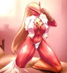  avian bamia beak bed bedroom big_breasts blaziken blue_eyes breasts chest_tuft clothing cute dress_shirt female fur hair long_hair morning nintendo no_humans open_shirt panties pok&#233;mon pok&#233;morph pokemon red_fur shirt solo stripes tuft underwear video_games 