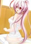  animal_ears ass bad_id bad_pixiv_id blush breasts bunny_ears chimunge highres lavender_hair long_hair medium_breasts open_mouth panties pink_panties red_eyes reisen_udongein_inaba sitting smile solo thighhighs touhou towel underwear wariza water white_legwear 