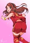  adidas armpit_peek ass brown_hair bundesliga dated fc_bayern_munchen from_behind germany hairband idolmaster idolmaster_(classic) inoue_sora long_hair looking_back minase_iori pantylines pink_background shorts soccer soccer_uniform solo sportswear thighhighs triple_vertical_stripe up_sleeve watermark wristband 