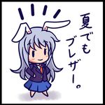  1girl animal_ears blush_stickers border bunny_ears check_translation chibi hands_on_hips kou512a long_hair necktie red_neckwear reisen_udongein_inaba silver_hair skirt smile solid_circle_eyes solid_oval_eyes solo standing touhou translation_request 