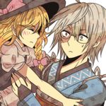  1girl blonde_hair blush bow braid closed_eyes glasses hair_bow hat hat_bow imminent_hug japanese_clothes kimono kirisame_marisa morichika_rinnosuke shisei_(kyuushoku_banchou) silver_hair single_braid sweatdrop touhou witch_hat yellow_eyes 